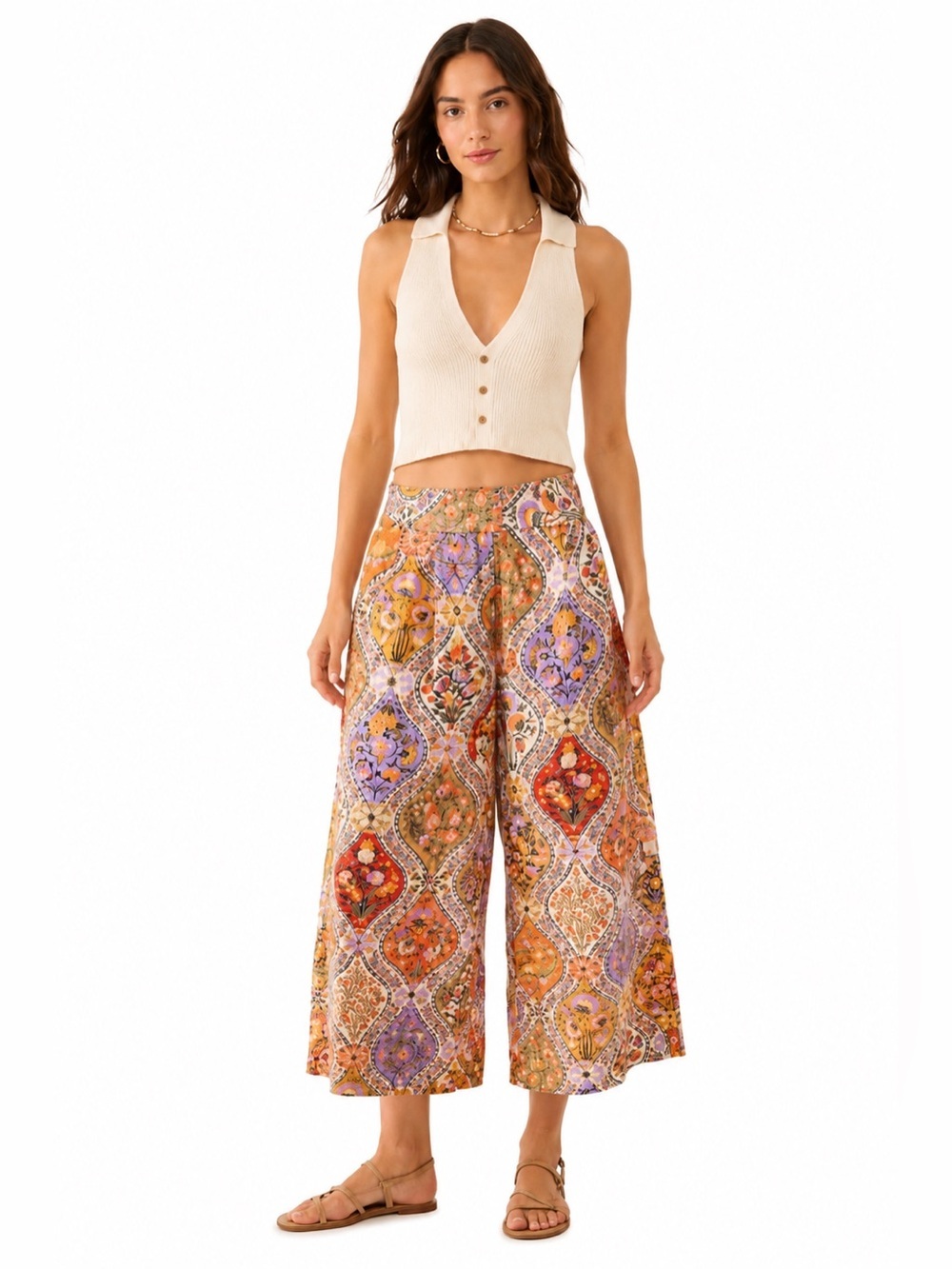 FARM Rio Anthropologie Boho Floral Patchwork Culotte Capri Pants Cottagecore
